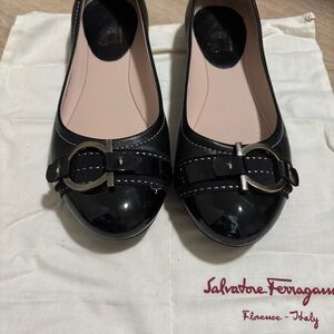 Salvatore Ferragamo Black Patent Leather Bow-Trim Ballet Flats